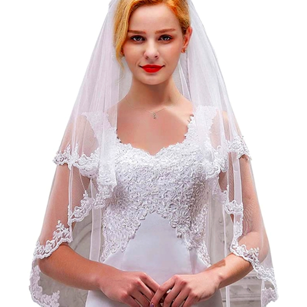 Short 2 Tier Tulle Sheer Lace Wedding Veil with comb